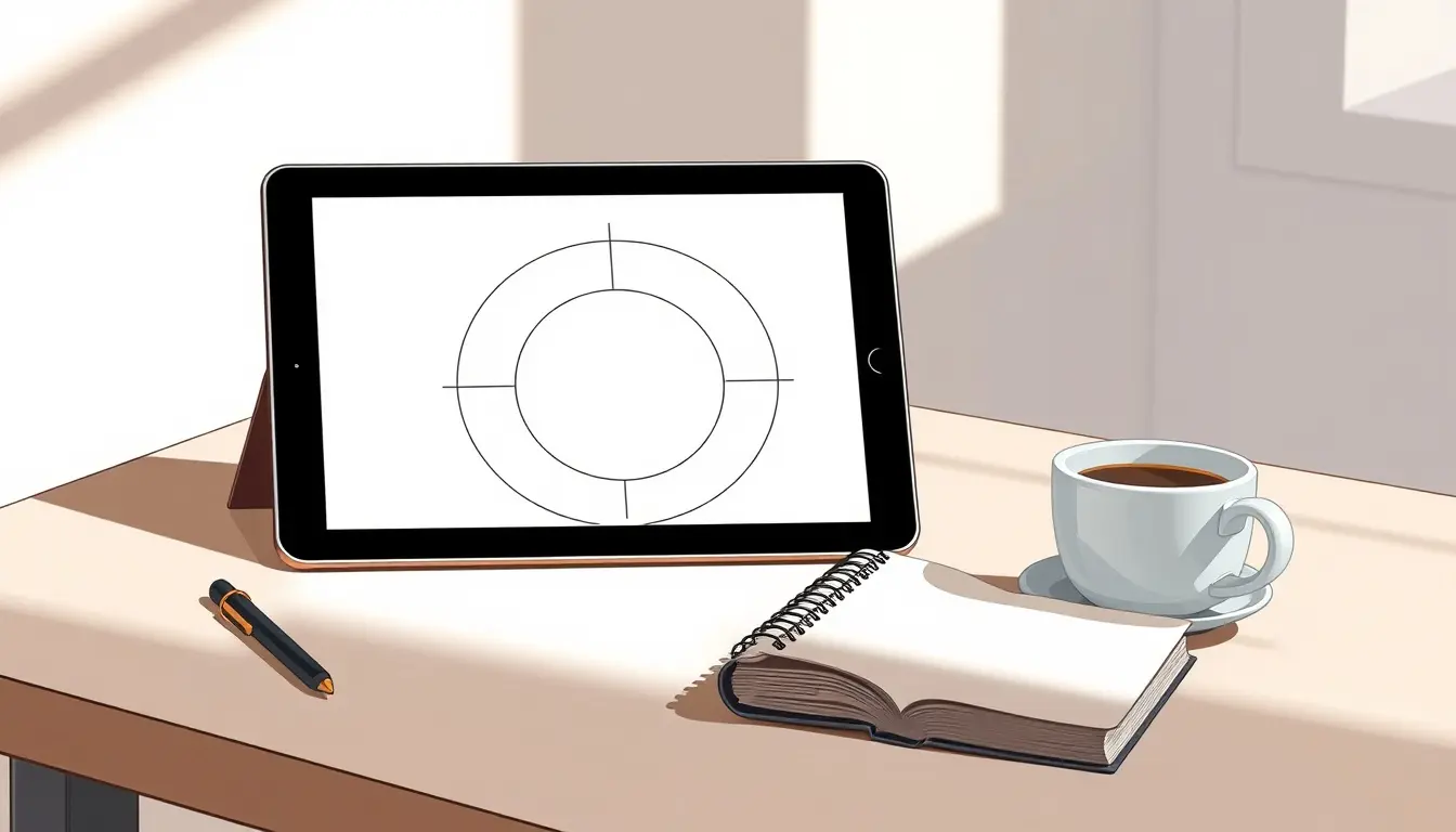 Tablet auf Schreibtisch zeigt Grafik zur Berechnung Kreisflächeninhalt mit Radius