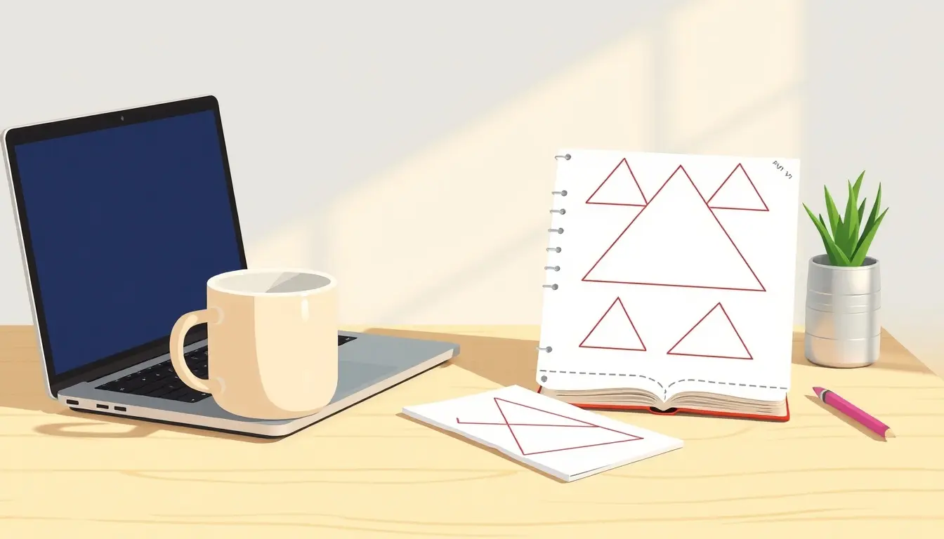 Geometrie-Skizzen eines rechtwinkligen Dreiecks auf einem Notizblock neben einem Laptop