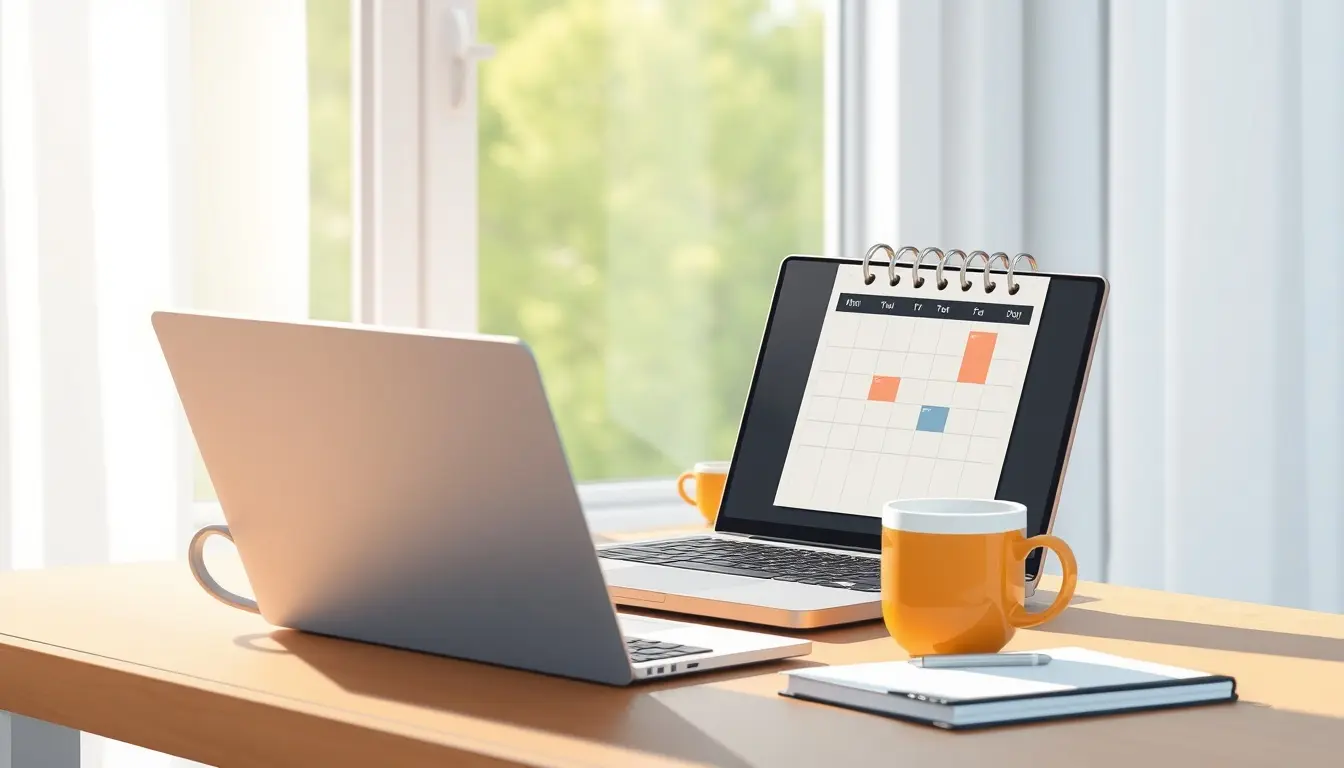 Schreibtisch mit Kalender und Laptop zur Planung und Berechnung vom Urlaubsanspruch