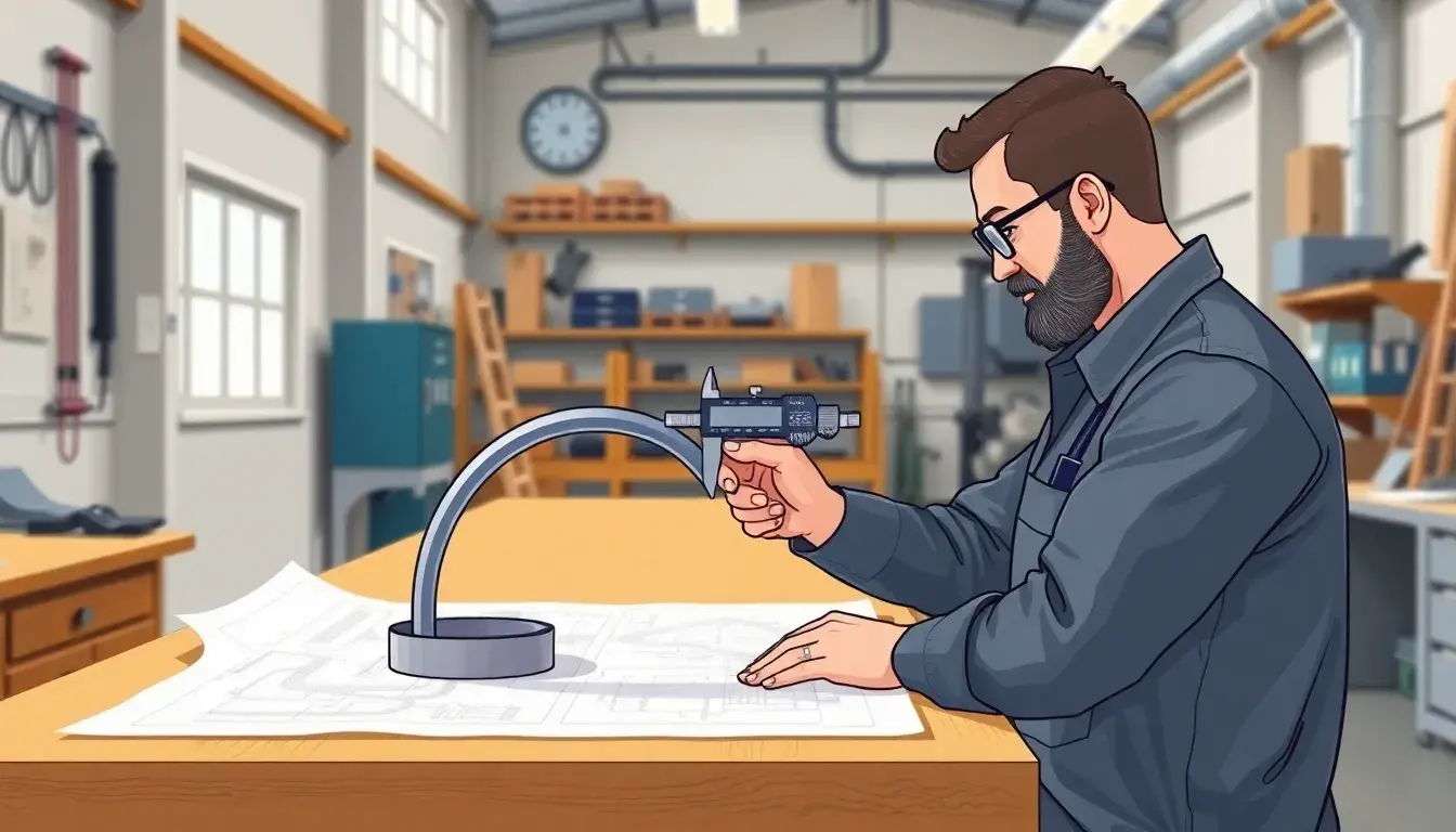 Metallbauer misst präzise ein gebogenes Bauteil für die Berechnung von gestreckten Längen.