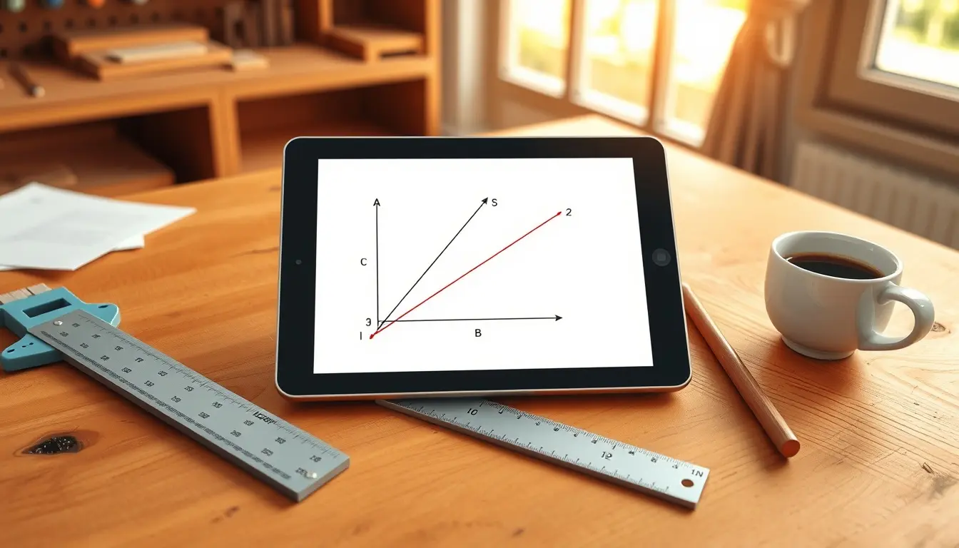 Tablet mit Geometrie-App auf einer Werkbank neben einem Winkelmesser