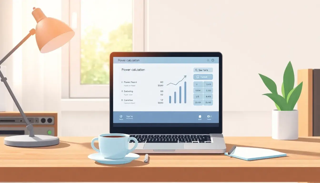 Laptop auf Schreibtisch zeigt Interface zur Berechnung von Watt Leistung