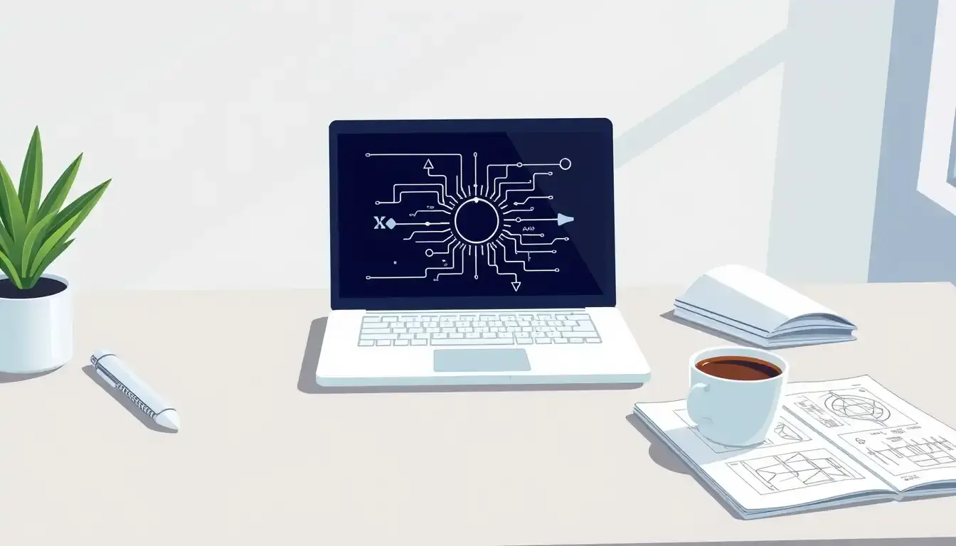 Laptop auf Schreibtisch zeigt physikalische Schaltkreise zur Berechnung Widerstand