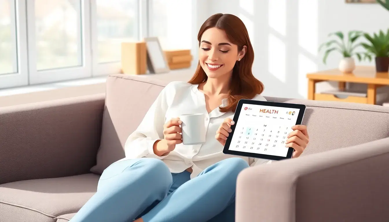 Frau plant Termine mit einem digitalen Zykluskalender am Tablet