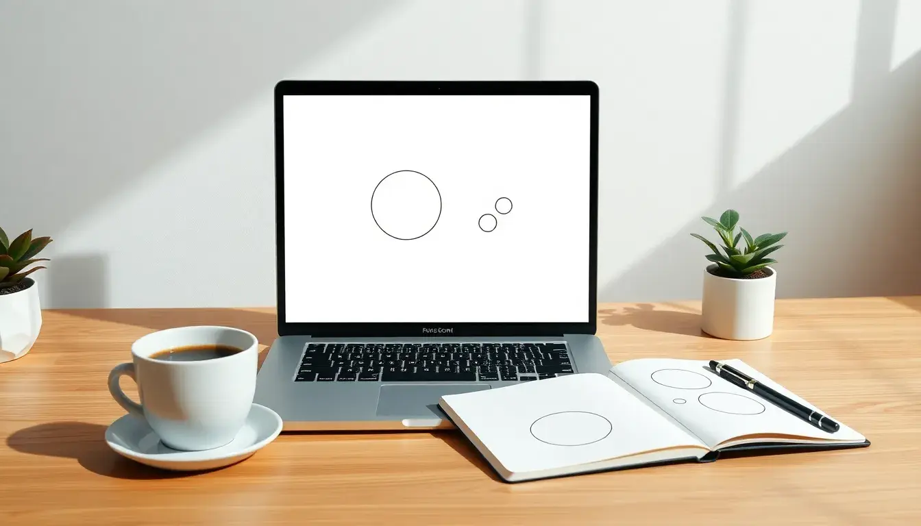 Moderner Schreibtisch mit Laptop und geometrischen Kreiszeichnungen für Berechnungen am Kreis