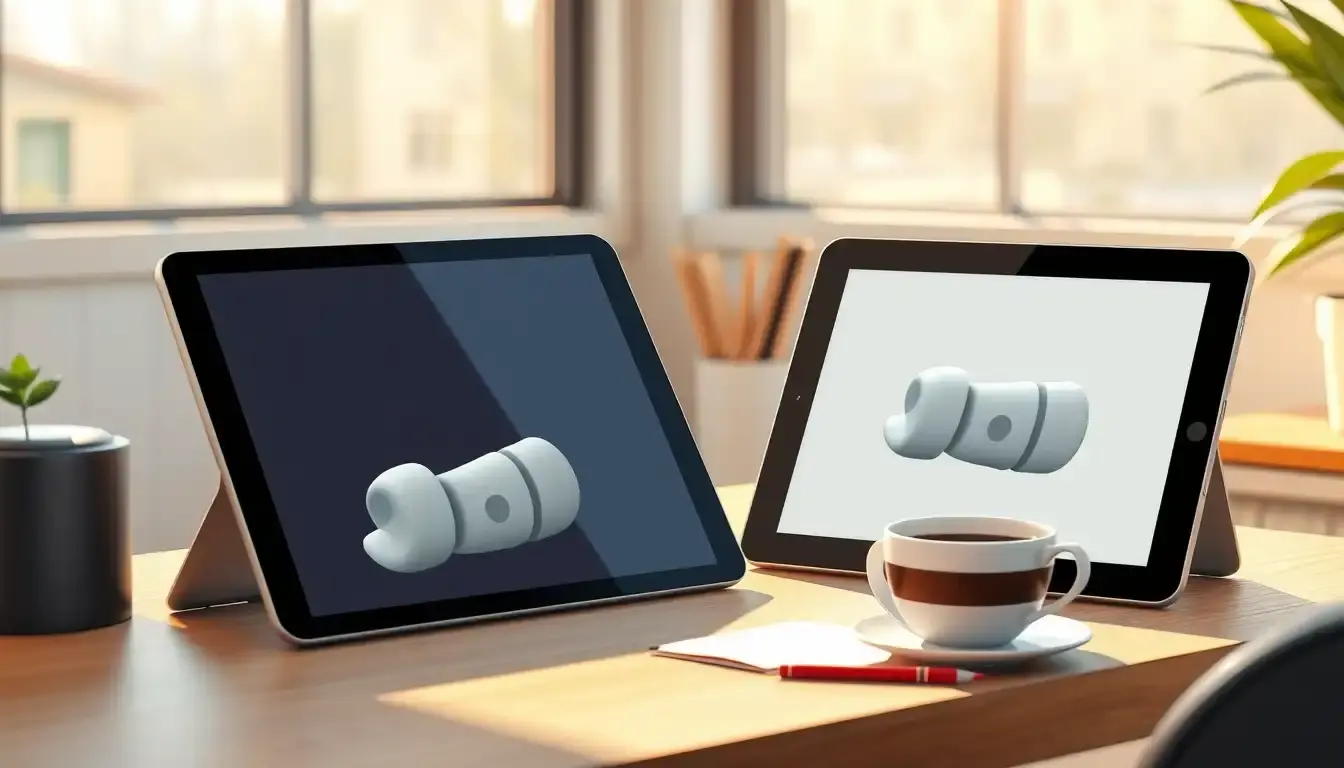 3D Zylinder Grafik auf einem Tablet in einem hellen Büro