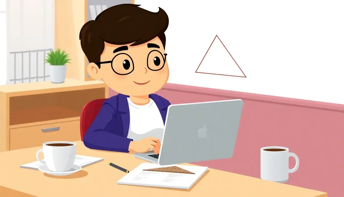 Schüler am Schreibtisch nutzt einen digitalen Dreieck-Rechner für Geometrie-Hausaufgaben