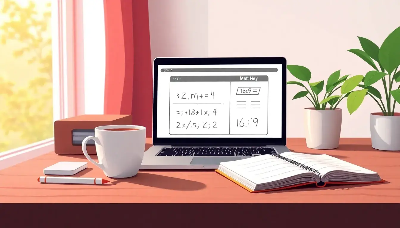 Laptop auf einem Schreibtisch zeigt mathematische Berechnungen zum Dreisatz neben Kaffee