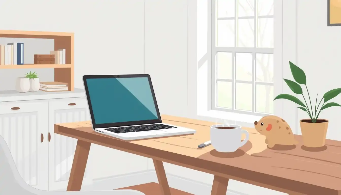 Laptop auf Schreibtisch mit Kaffetasse und Babyschuhen zur Planung des Elterngeldes