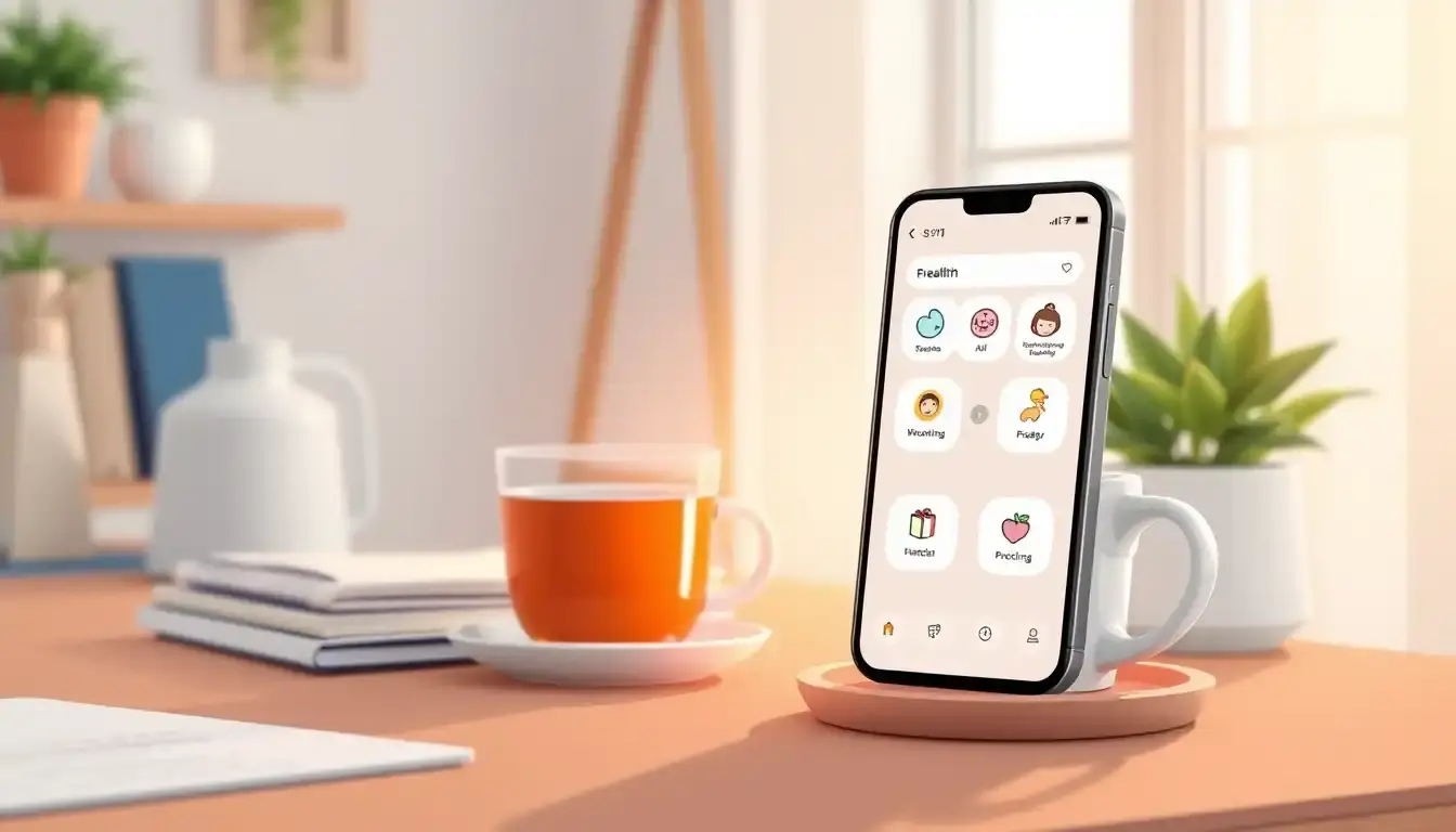 Smartphone mit Schwangerschafts-App auf einem Schreibtisch neben einer Tasse Tee