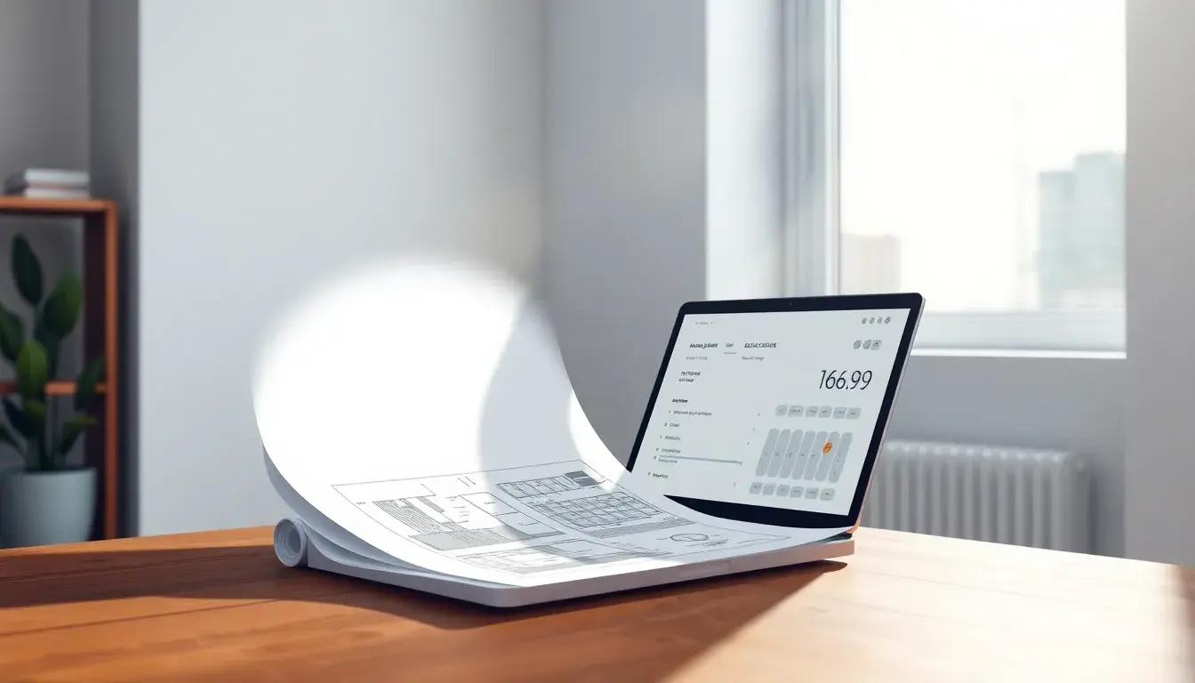 Bauplan und Laptop mit GRZ Berechnung für Immobilien und Bauprojekte