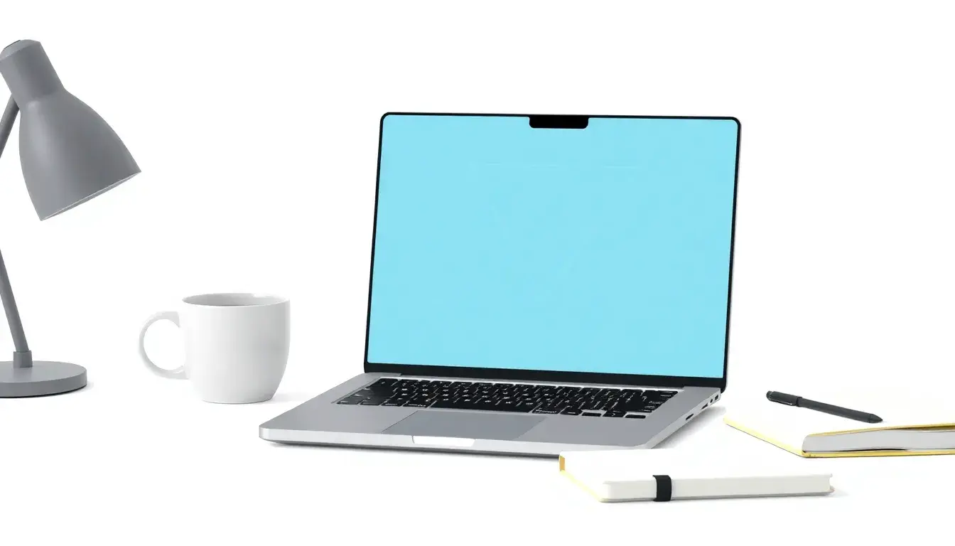 Geometrisches Dreieck auf einem Laptop-Bildschirm in einem modernen Büro-Setup.