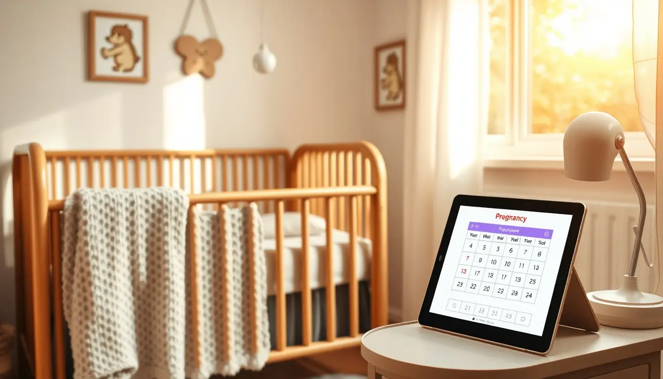 Tablet zeigt einen Schwangerschaftskalender in einem gemütlichen, hellen Babyzimmer für die ET Berechnung.