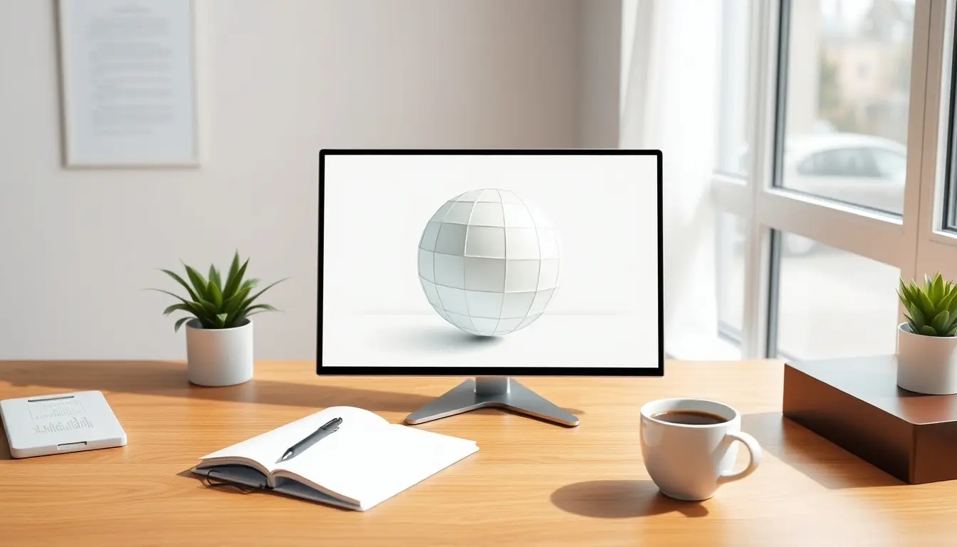 Minimalistischer Arbeitsplatz mit 3D-Kugel-Modell auf einem Laptop-Bildschirm