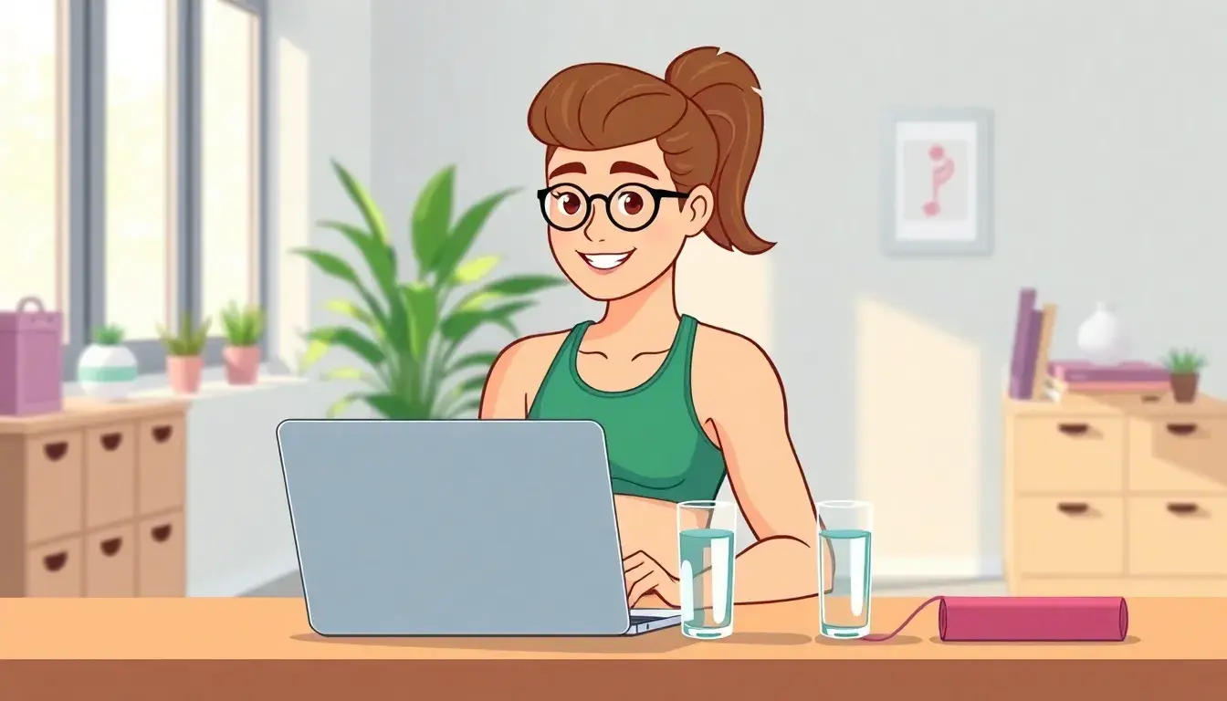Laptop auf Schreibtisch zeigt Fitness-Daten neben einer Wasserflasche und Sportmatte