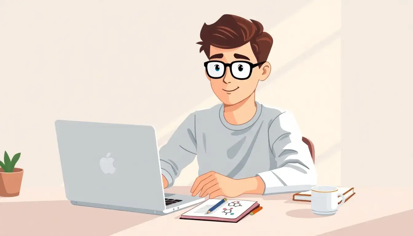 Laptop zeigt eine Oberfläche zum Molare Masse berechnen neben einem Chemie-Notizbuch.