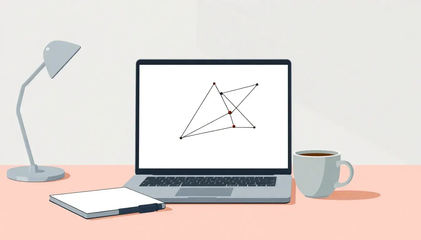 Laptop auf einem Schreibtisch zeigt geometrische Winkelberechnungen neben Kaffee