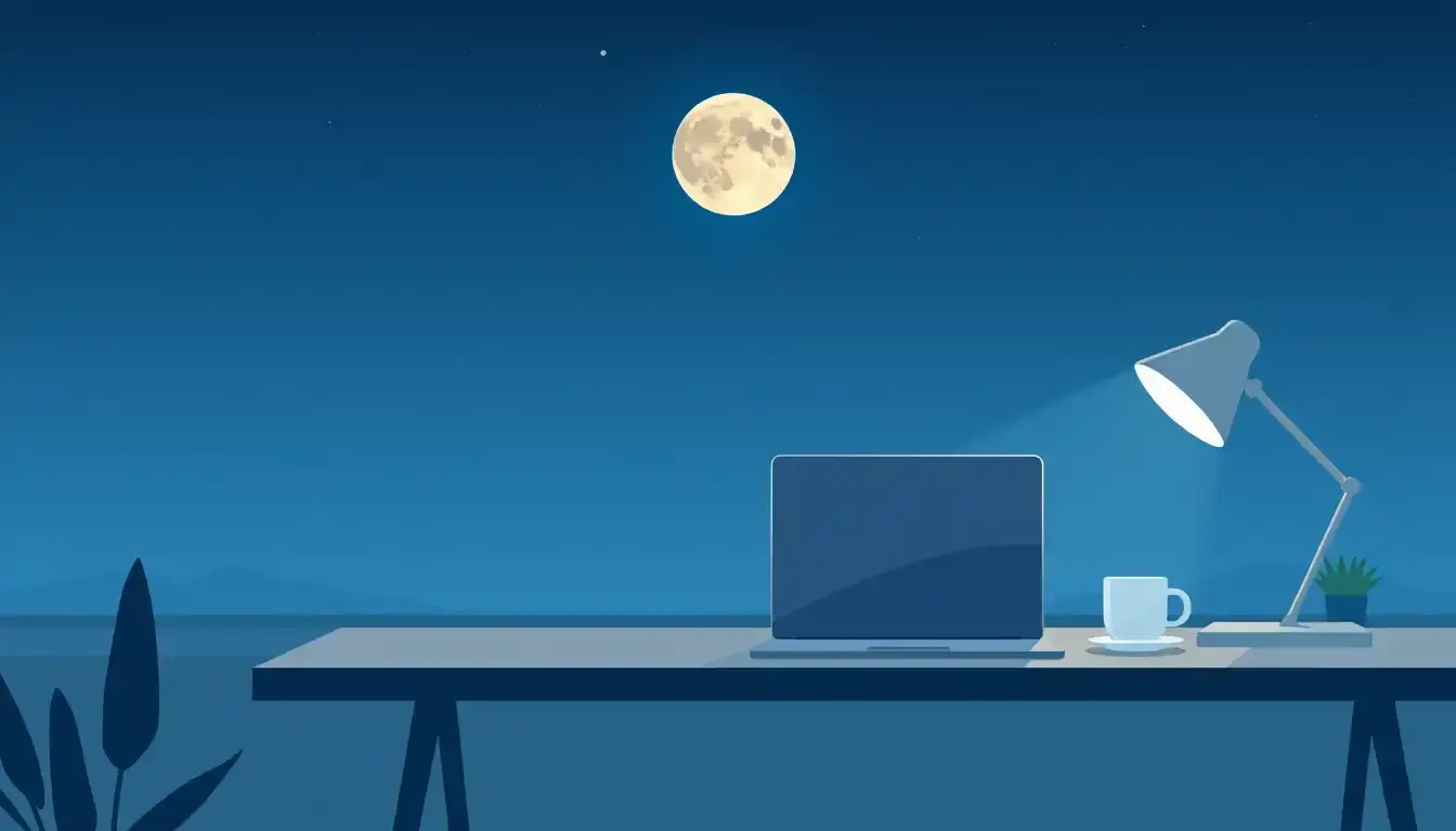 Detaillierte Darstellung der Mondphasen über einem Schreibtisch mit Laptop