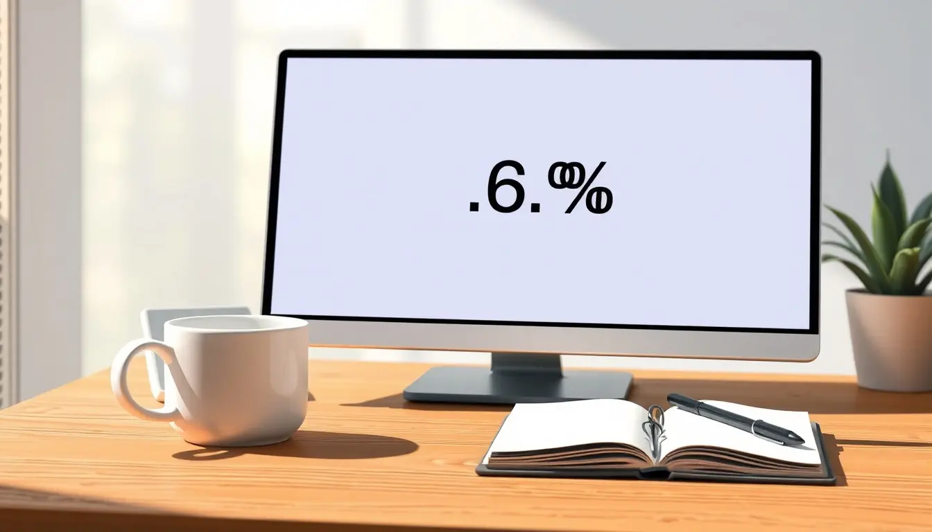 Digitaler Bildschirm mit einer Prozentrechnung auf einem hellen Schreibtisch mit Kaffee.