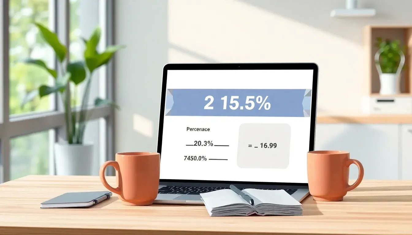 Moderner Arbeitsplatz mit Laptop und digitalem Prozentrechnung Taschenrechner auf dem Bildschirm.