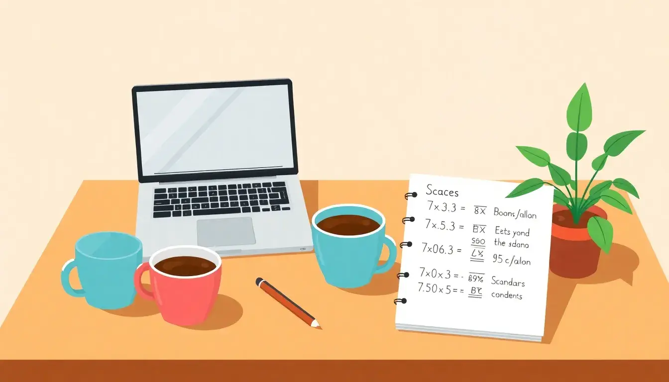 Notizbuch mit mathematischen Berechnungen neben Laptop und Kaffee in hellem Büro