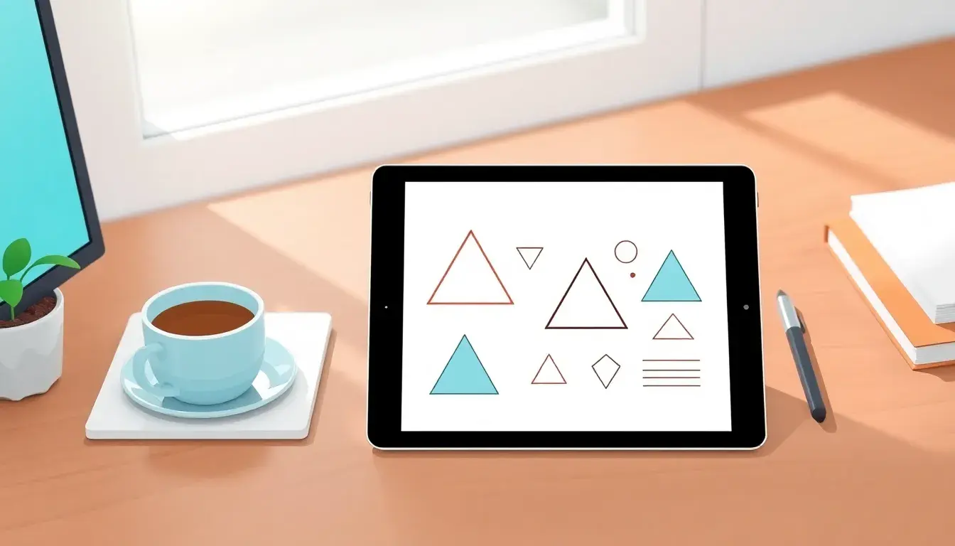 Digitales Tablet mit geometrischen Dreiecksdiagrammen auf einem modernen Schreibtisch