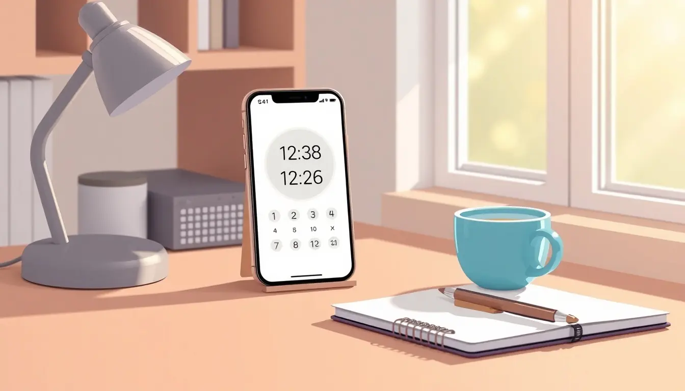 Smartphone zeigt eine App zum Uhrzeit berechnen auf einem Schreibtisch