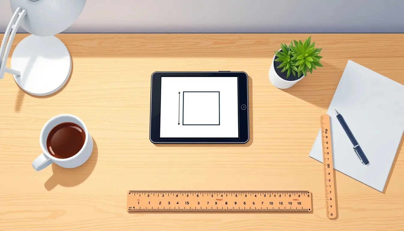 Tablet mit Rechteck Geometrie Skizze auf einem hellen modernen Schreibtisch