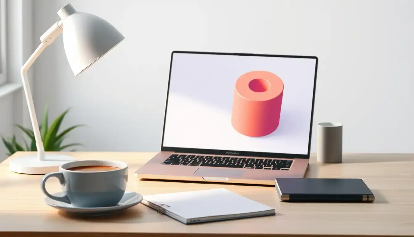 3D Zylinder Grafik auf einem Laptop Screen in einem modernen Büro