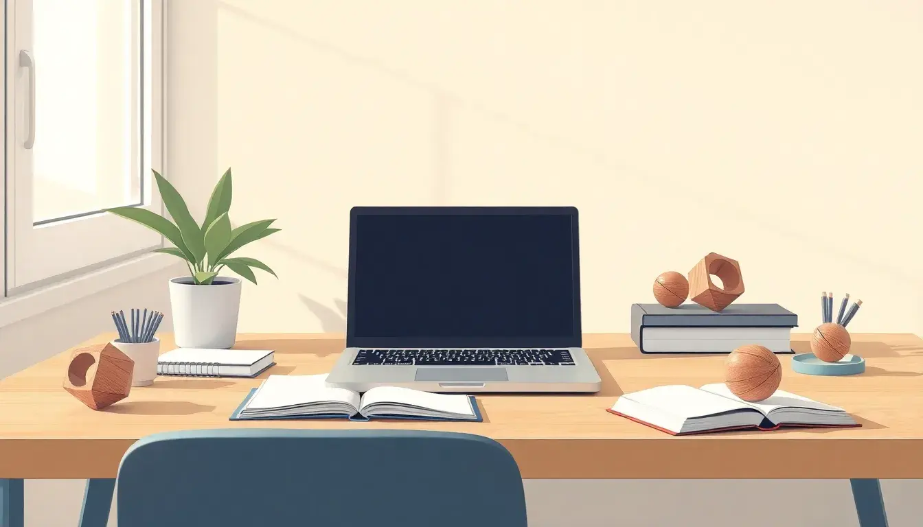 Geometrische Formen und Laptop auf einem modernen Schreibtisch zum Thema Volumen berechnen