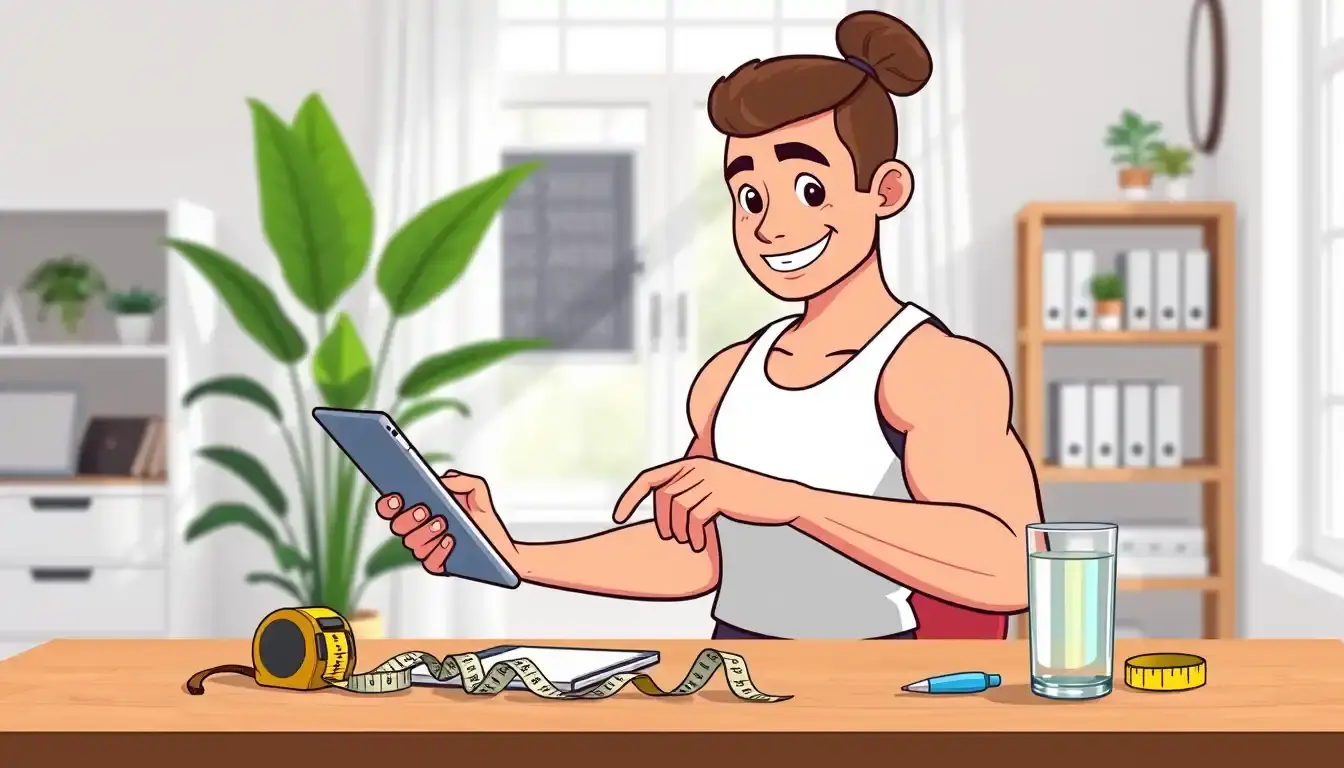 Person prüft Fitnesswerte wie Körperfettanteil berechnen auf einem Tablet am Schreibtisch
