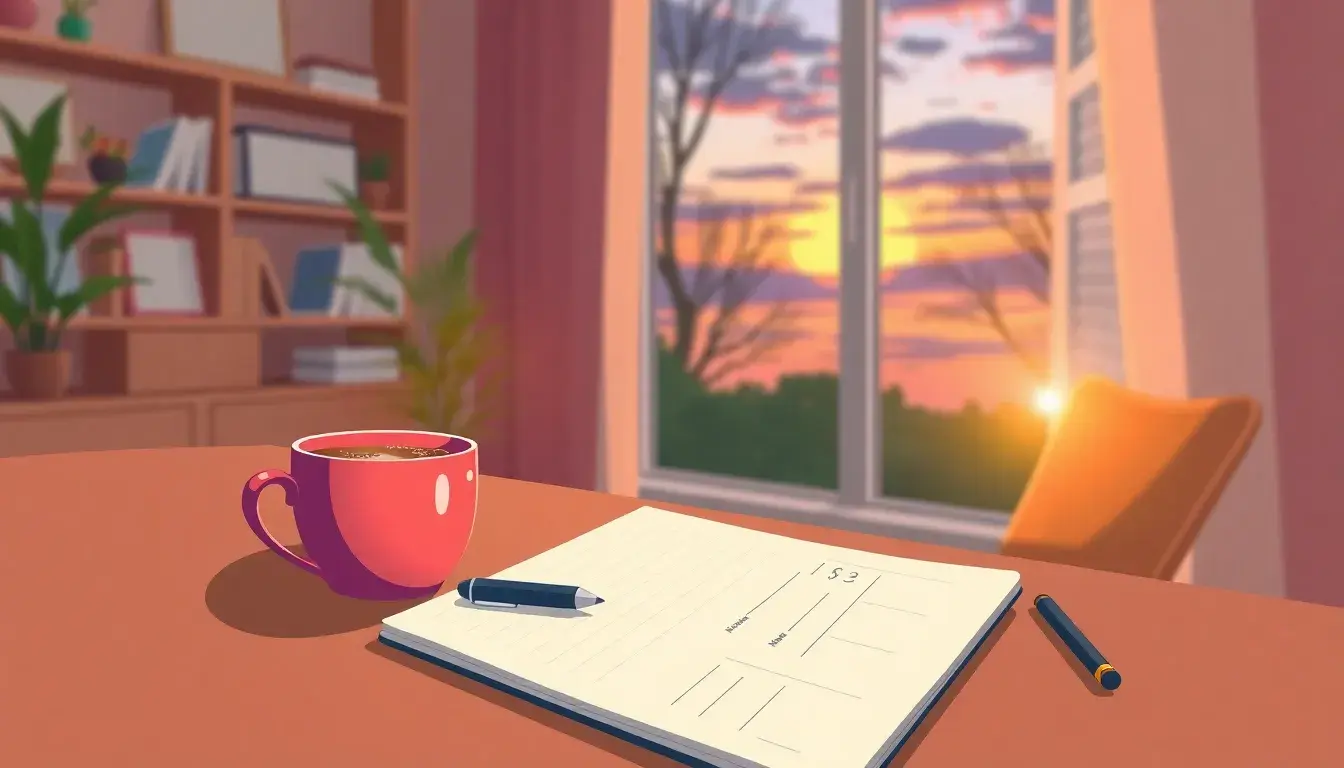 Gemütlicher Arbeitsplatz mit Notizbuch und Kaffee zur Planung des Renteneintrittsalters.