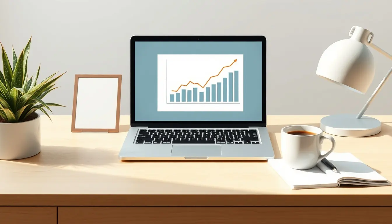 Minimalistischer Arbeitsplatz mit Laptop und Statistik-Diagramm zum Mittelwert berechnen
