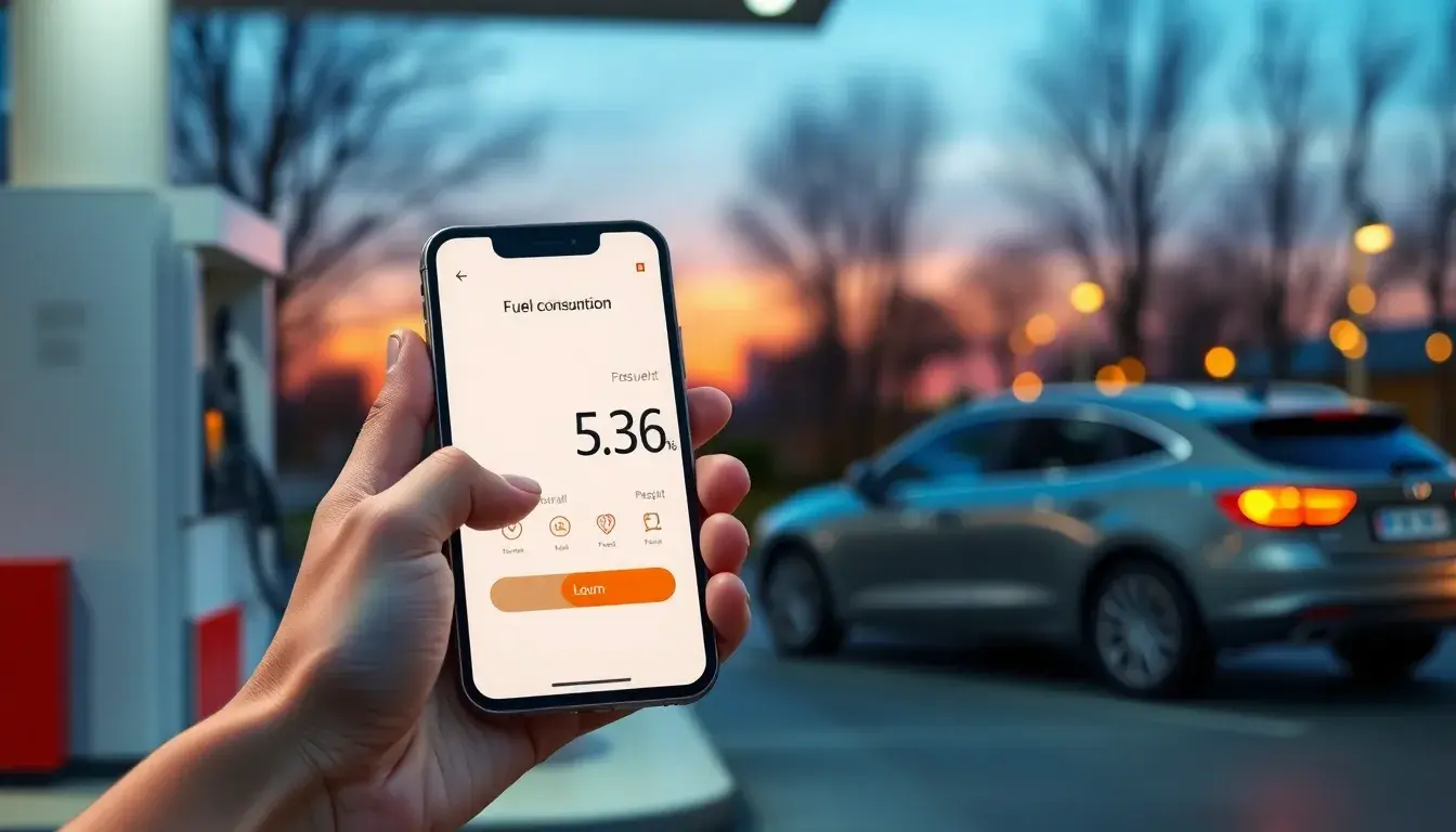 Smartphone zeigt Ergebnis für Spritverbrauch berechnen an Tankstelle