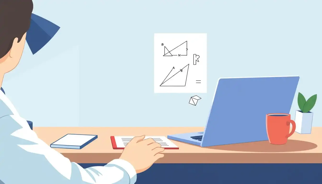 Laptop zeigt Geometrie-Grafiken zum Umfang berechnen auf einem Schreibtisch