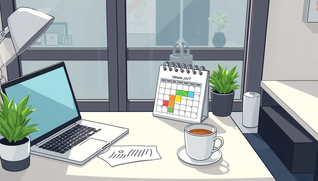 Laptop auf Schreibtisch mit Kalender zur Berechnung der Urlaubsabgeltung