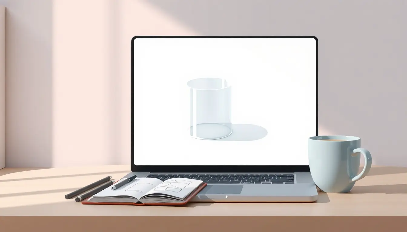 3D Zylinder Modell auf einem Laptop Bildschirm mit Notizblock und Kaffee