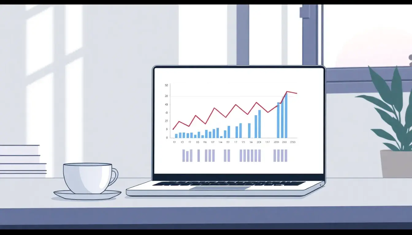 Ein minimalistischer Arbeitsplatz mit Laptop und mathematischen Diagrammen für die Berechnung von Mittelwert.
