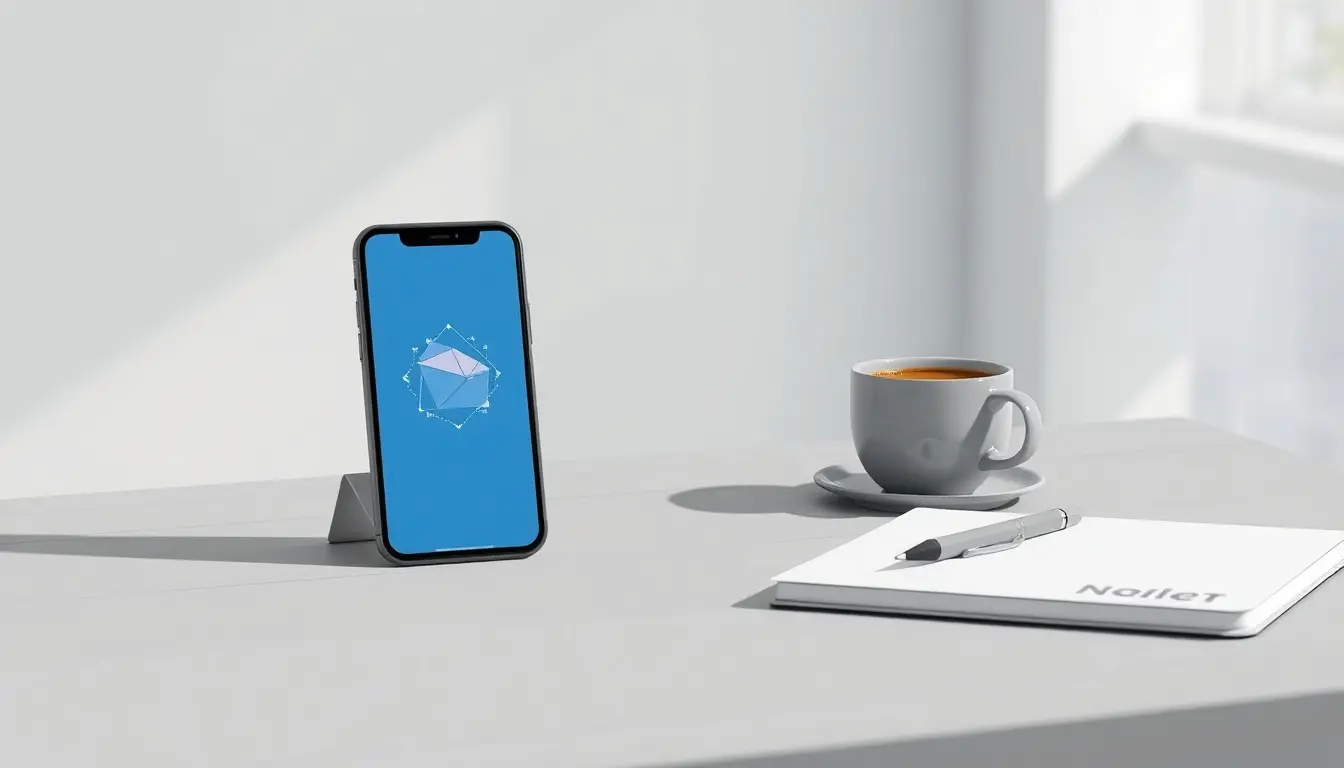 Smartphone zeigt Geometrie-Grafiken auf modernem Schreibtisch mit Kaffee