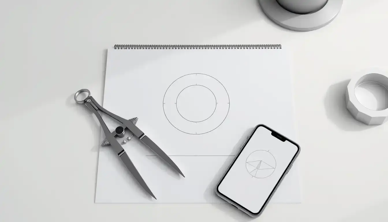 Ein Zirkel zeichnet einen Kreis auf Papier neben einem Smartphone mit Geometrie-Grafiken.