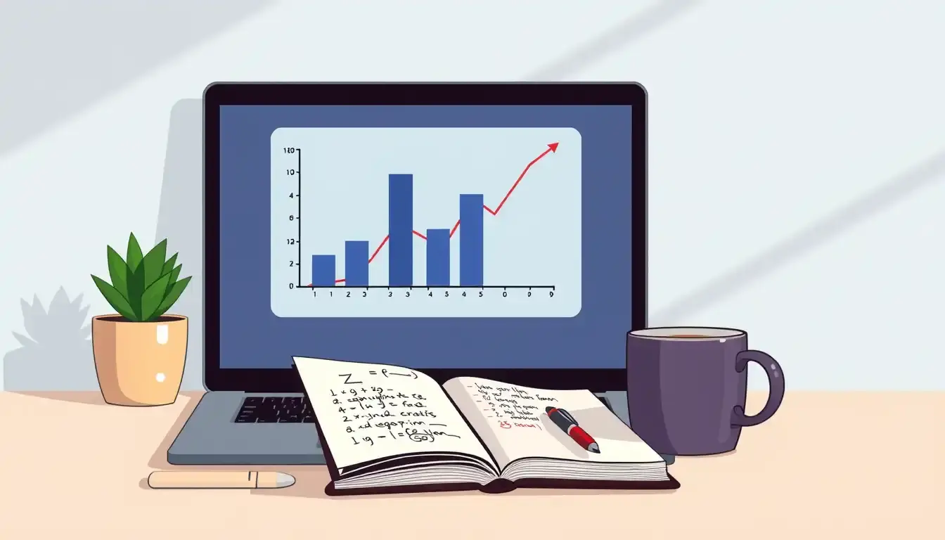 Statistik-Grafik auf Laptop und mathematische Formeln für Erwartungswert berechnen