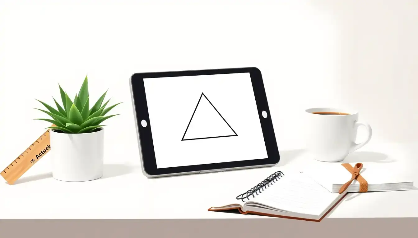 Tablet zeigt geometrisches Diagramm zur Fläche Dreieck berechnen auf einem Schreibtisch.