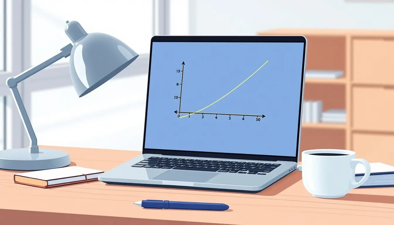 Moderner Arbeitsplatz mit Laptop zeigt eine mathematische Parabel und Nullstellen