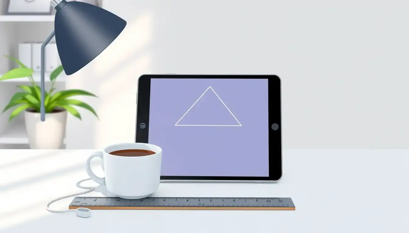 Tablet zeigt geometrische Dreieckszeichnung auf einem modernen weißen Schreibtisch mit Kaffee.