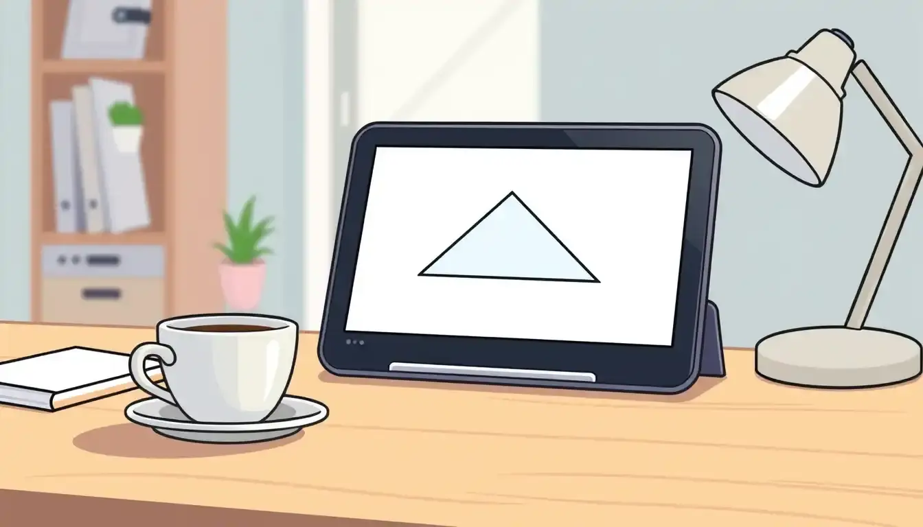 Tablet zeigt geometrische Zeichnung zum Hypotenuse berechnen auf Holztisch.