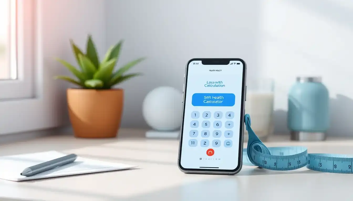 Smartphone mit Gesundheits-Rechner und Maßband auf einem modernen Schreibtisch