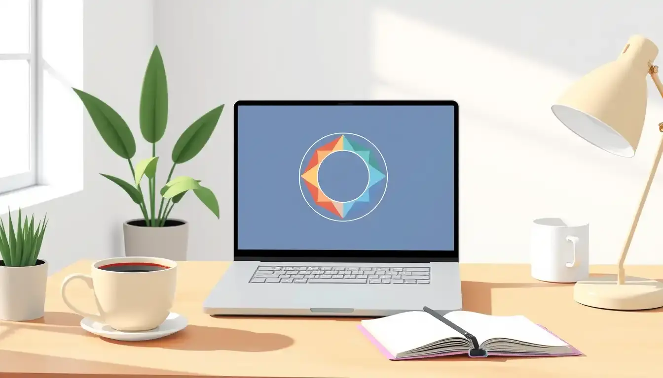 Laptop zeigt eine geometrische Kreisgrafik auf einem modernen Schreibtisch.