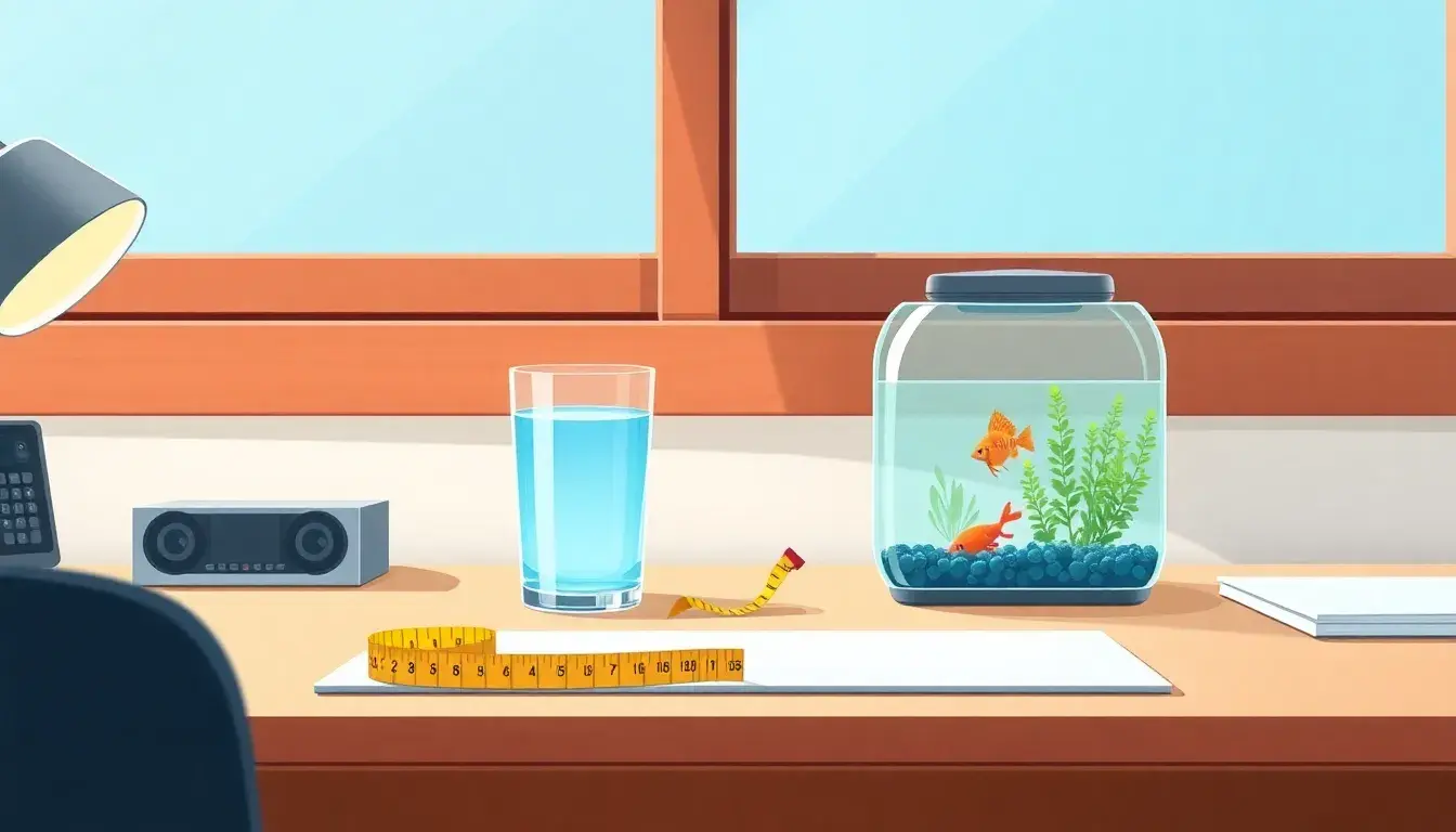 Maßband neben einem kleinen Aquarium auf einem hellen Schreibtisch