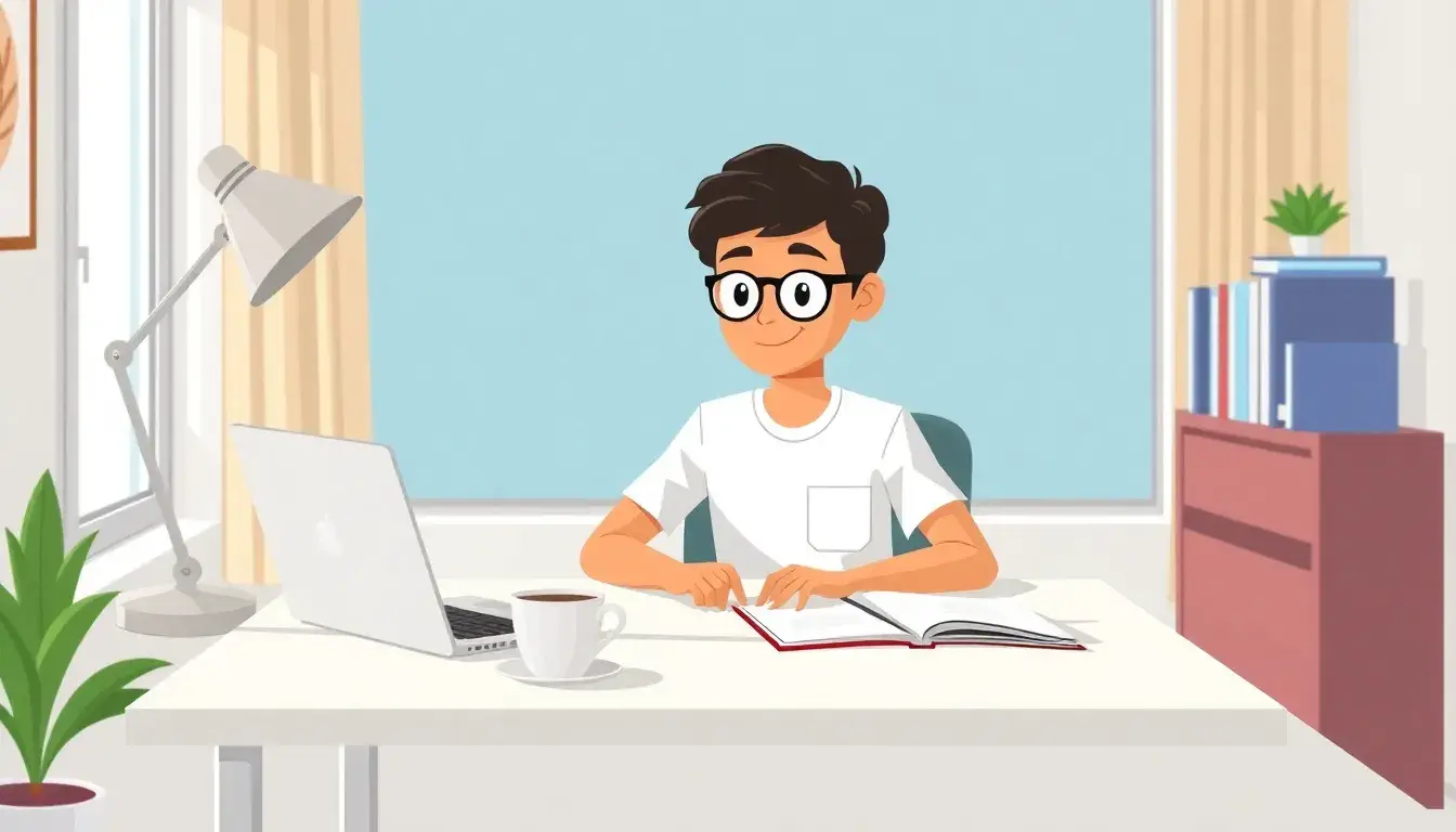 Ein Student am Schreibtisch nutzt einen digitalen Notenrechner zur Planung