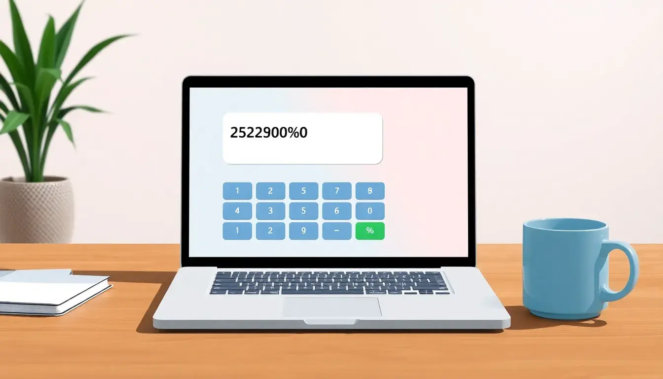 Moderner Laptop mit Online-Prozentrechner und Kaffeetasse auf Holztisch